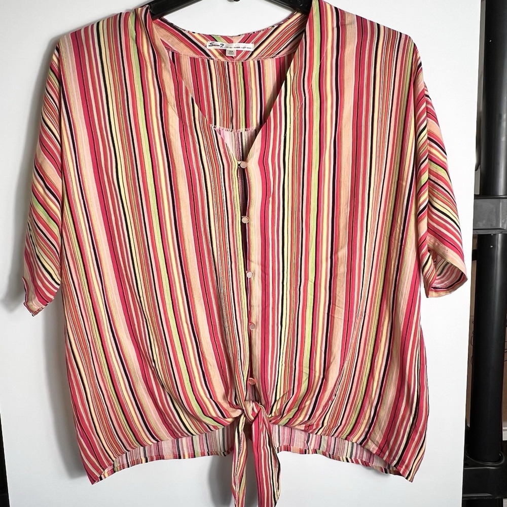 Seven7 Rayon‎ Button Front Tie Hem Top Medium Multicolor Striped Boho Summer